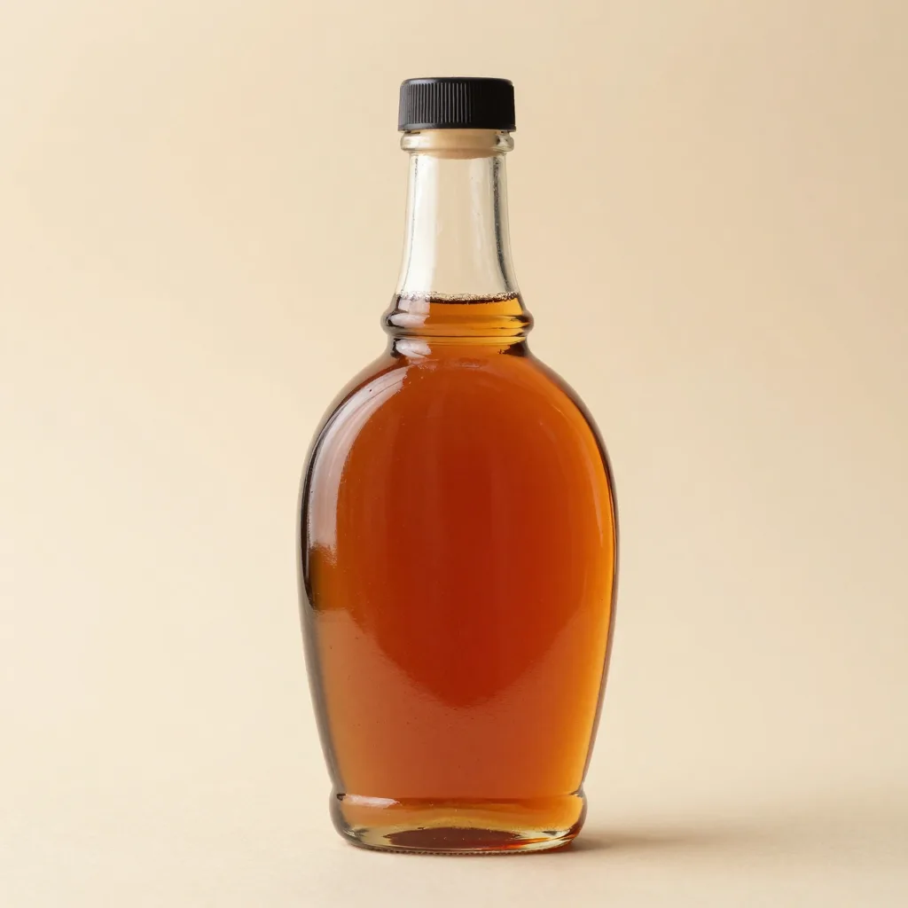 A glass bottle of pure amber maple syrup on a light background