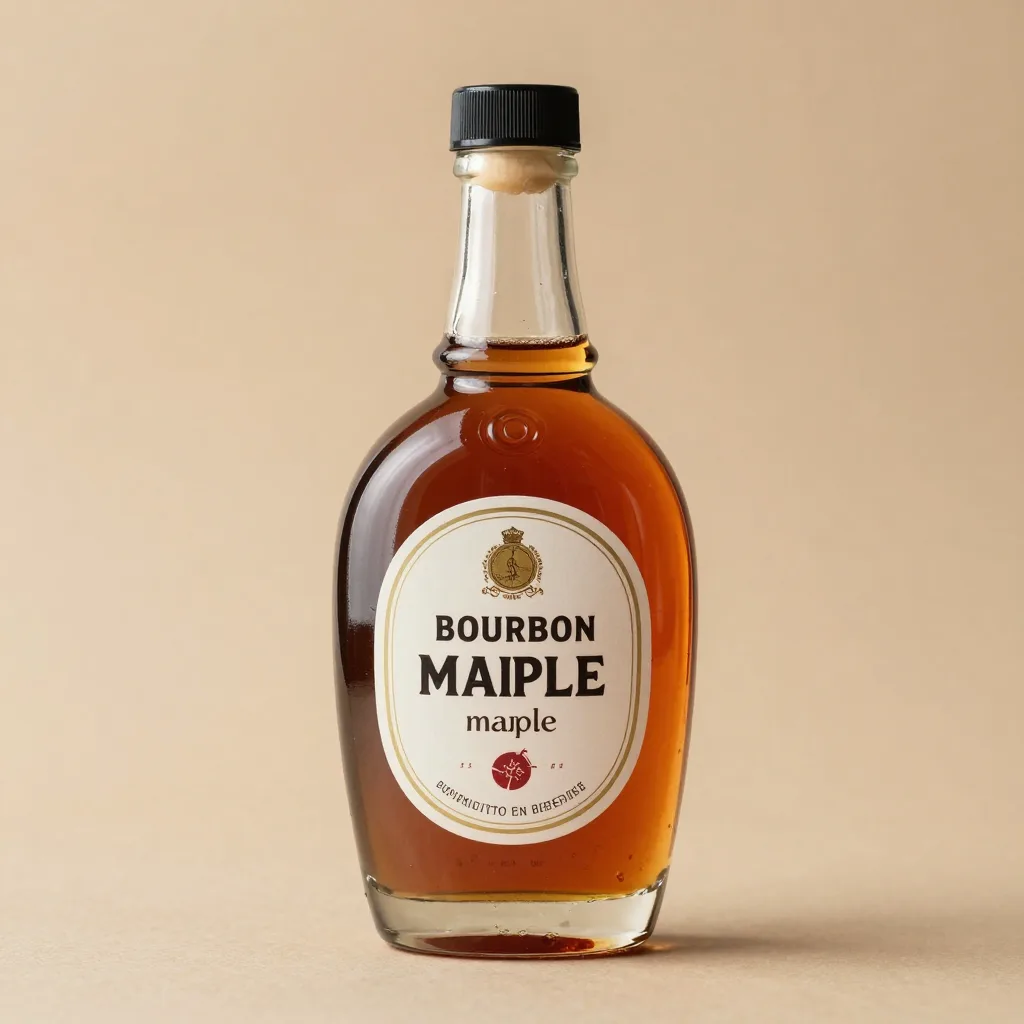 A glass bottle of bourbon-barrel maple syrup on a light background