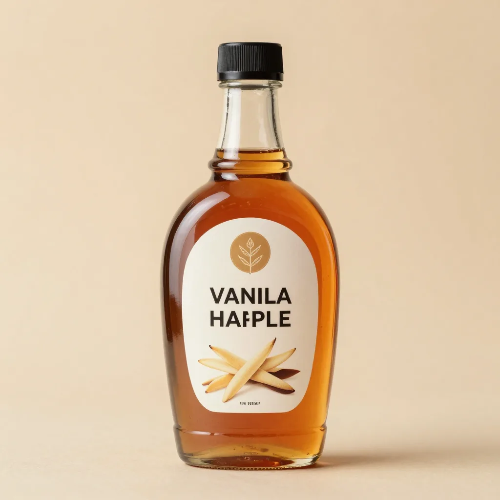 A glass bottle of vanilla maple syrup on a light background