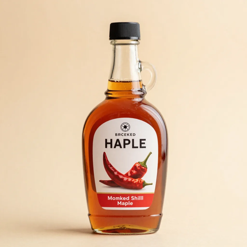 A glass bottle of smoked chilli maple syrup on a light background