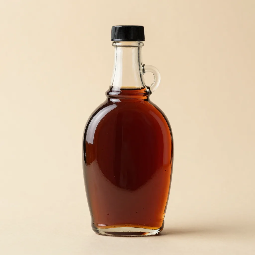 A glass bottle of dark robust maple syrup on a light background