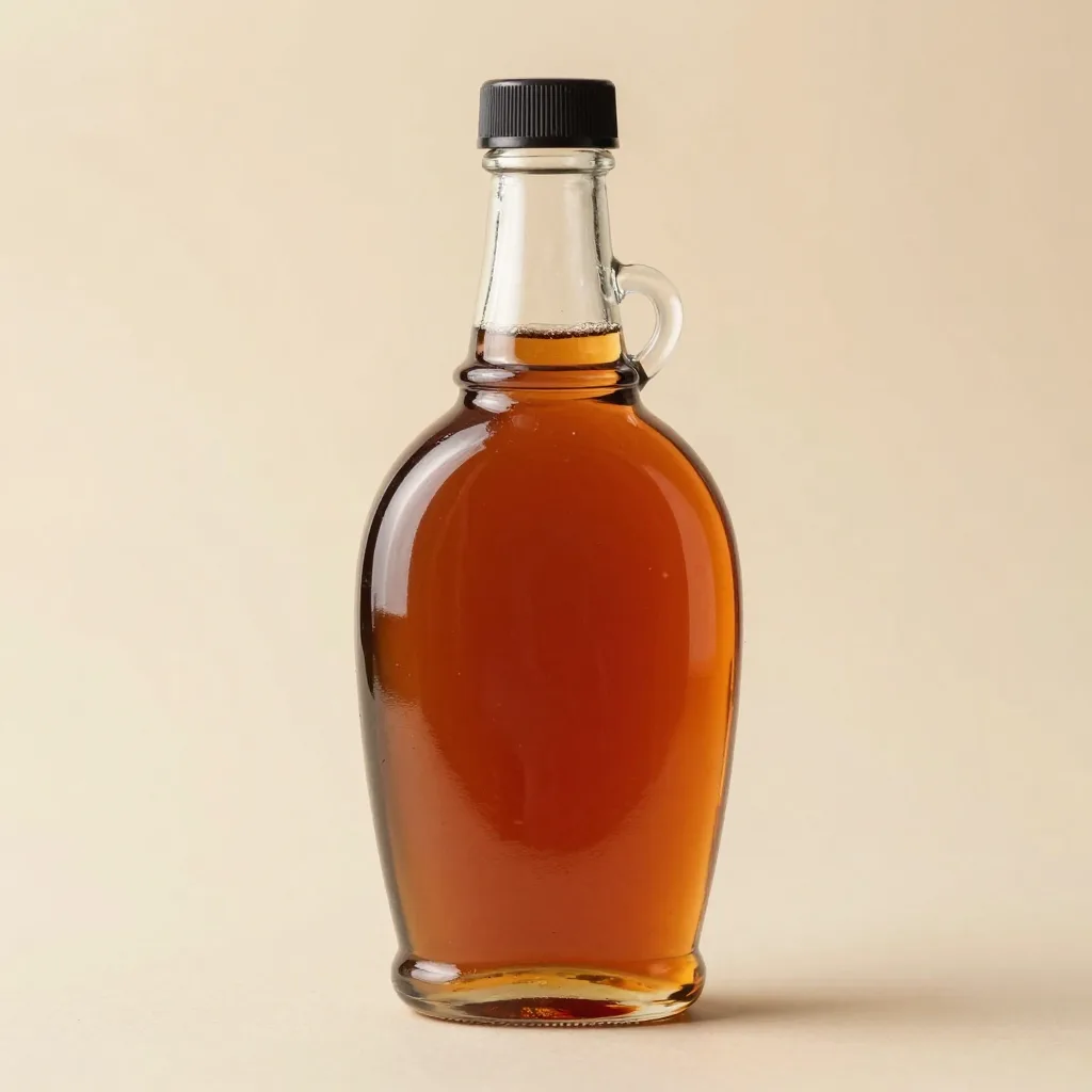 A glass bottle of amber rich maple syrup on a light background