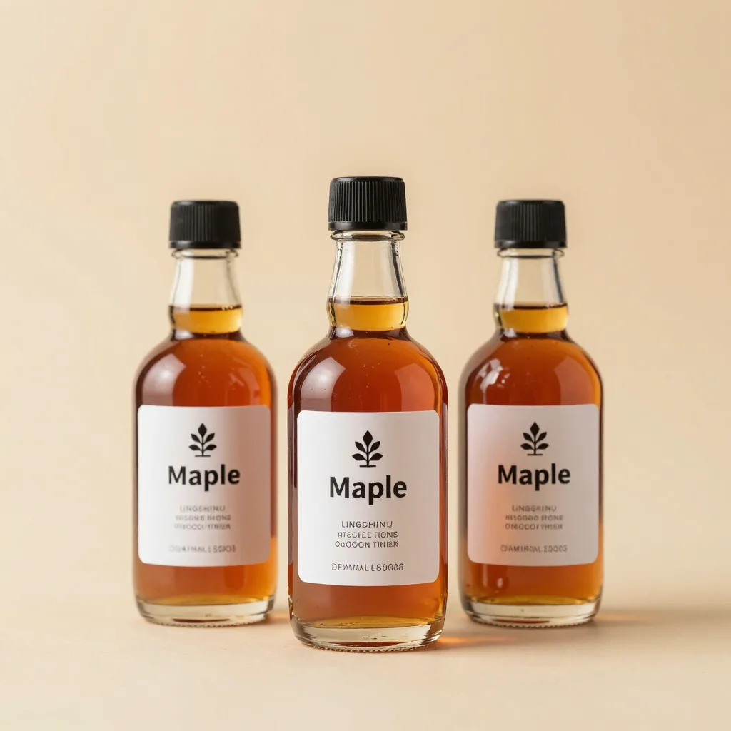 Three small bottles of infused maple syrup on a light background