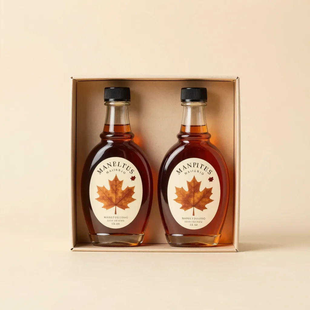 A maple syrup gift box with two bottles on a light background