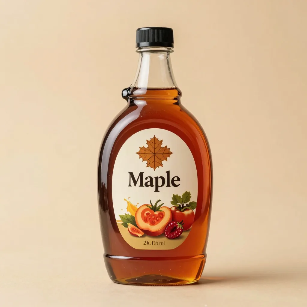 A large one-litre bottle of pure maple syrup on a light background