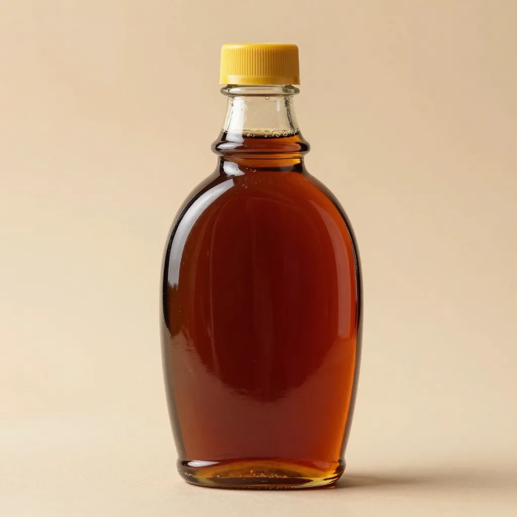 A dark and amber maple syrup set on a light background